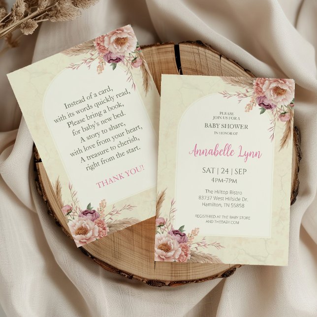 Boho Watercolor Blommigt Arched Baby Shower Inbjudningar (Vintage Boho Floral Arch Pink and Beige Baby Shower invitation)