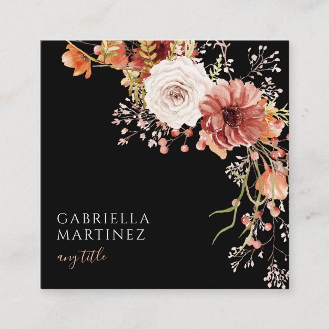 Boho Watercolor Blommigt Bouquet Fyrkantigt Visitkort (Framsida)