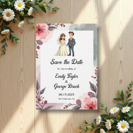 Boho Watercolor Blommigt Bride and Groom Bröllop Spara Datumet