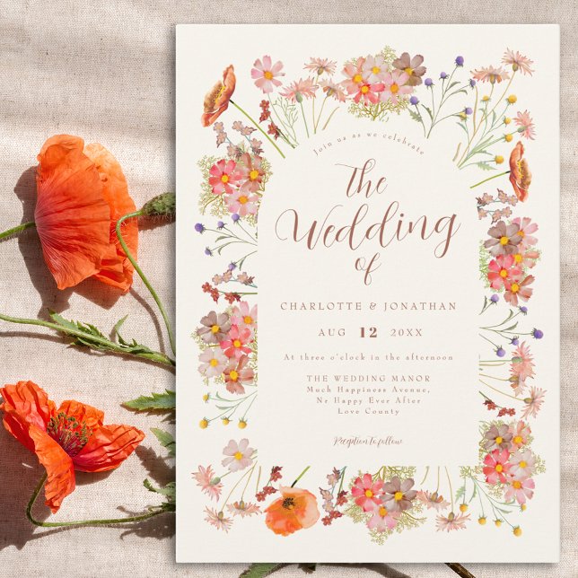 Boho Watercolor Blommigt Bröllop Inbjudningar (Elegant script wildflower wedding invitation)