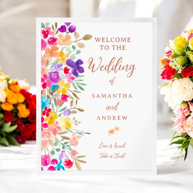 Boho Watercolor Blommigt Bröllop Välkommen Poster (Boho Watercolor Floral Wedding Welcome Poster)
