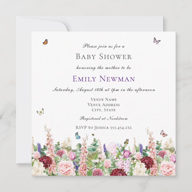 Boho Watercolor Blommigt Butterflies Baby Shower Inbjudningar (Framsida)