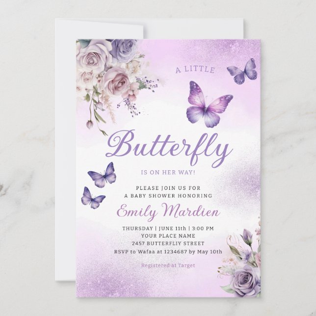 Boho Watercolor Blommigt Girl Butterfly Baby Showe Inbjudningar (Framsida)