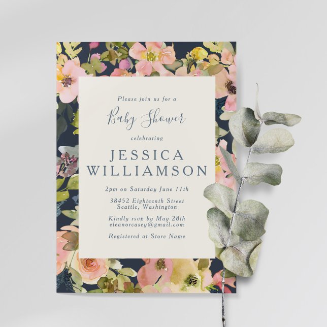 Boho Watercolor Blommigt Navy och  Baby Shower Inbjudningar (Skapare uppladdad)