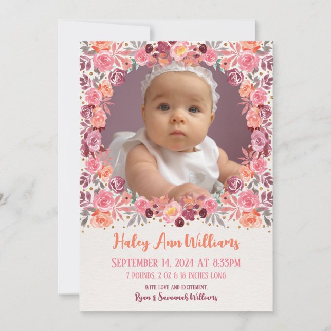 Boho Watercolor Blommigt Newborn Flicka Photo Meddelande (Framsida)