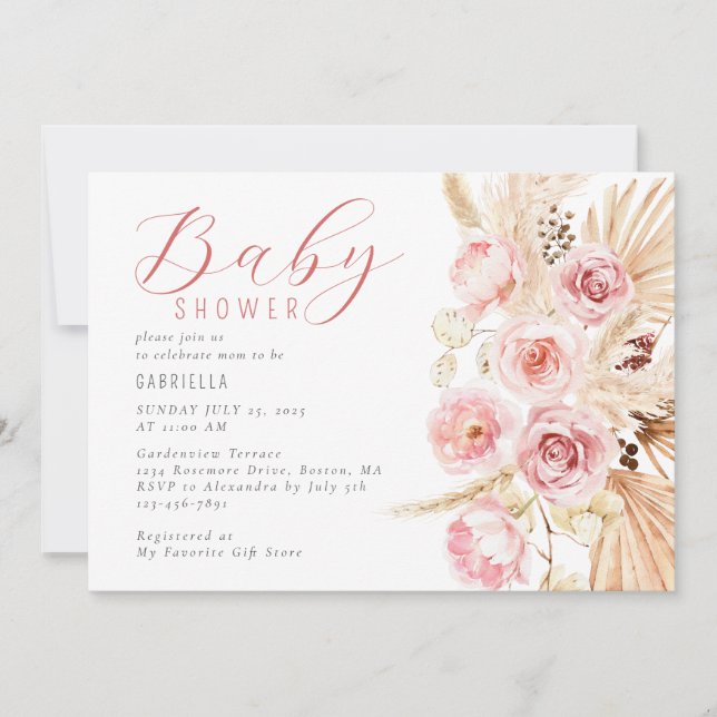 Boho Watercolor Blommigt Pampas Baby Shower Inbjudningar (Framsida)