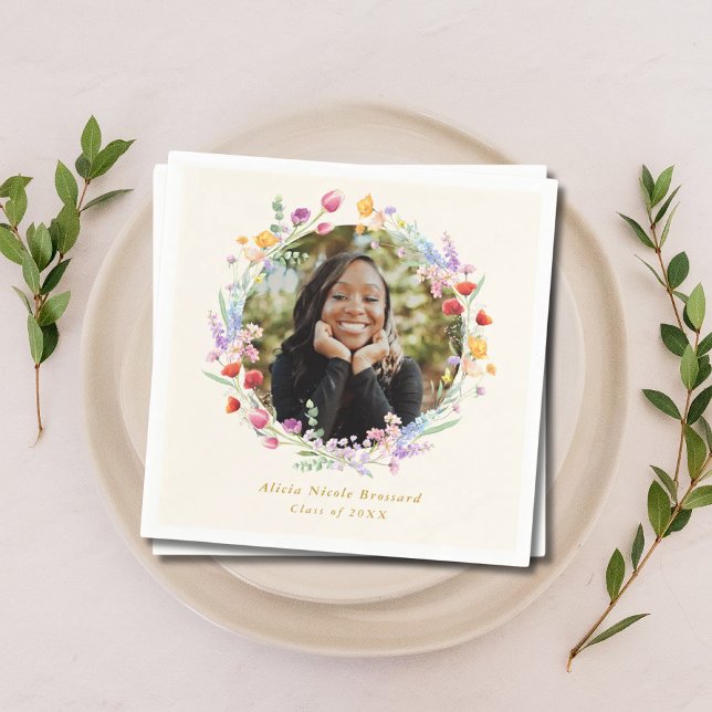 Boho Watercolor Blommigt Photo Studenten Pappersservett (Watercolor Floral Photo Napkins)