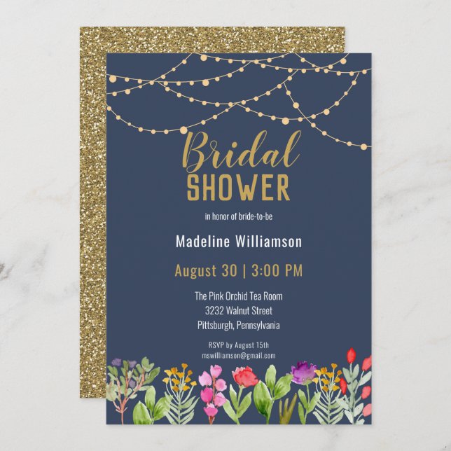 Boho Watercolor Blommigt String Ljus Spara datum Inbjudningar (Fram/baksida)