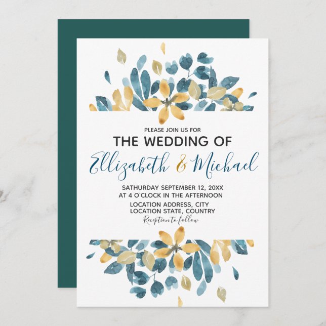 Boho Watercolor Blommigt Teal Gult bröllop Inbjudningar (Fram/baksida)