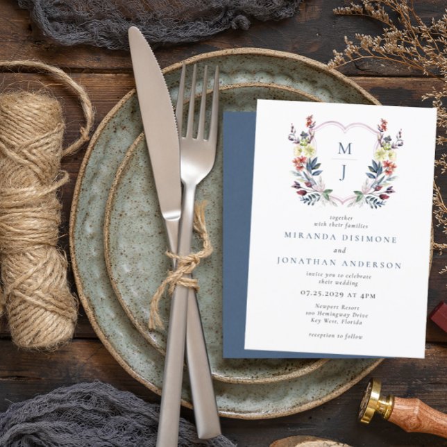 Boho Watercolor Blommigt Vapensköld Blue Monogram  Inbjudningar (Skapare uppladdad)