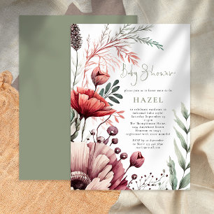 Boho Watercolor Blommigts Burgundy Sage Baby Showe Inbjudningar