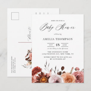 Boho Watercolor Blommor Garland Höst Baby Shower Inbjudan Vykort