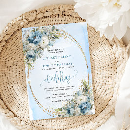 Boho Watercolor Blue Flowers Gold Wedding Invite Inbjudningar