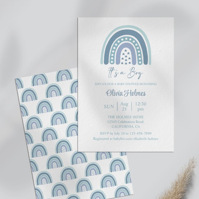 Boho Watercolor Blue Rainbow Baby Shower Inbjudningar (Boho Watercolor Blue Rainbow Baby Shower Invitation on a dusty blue table.)