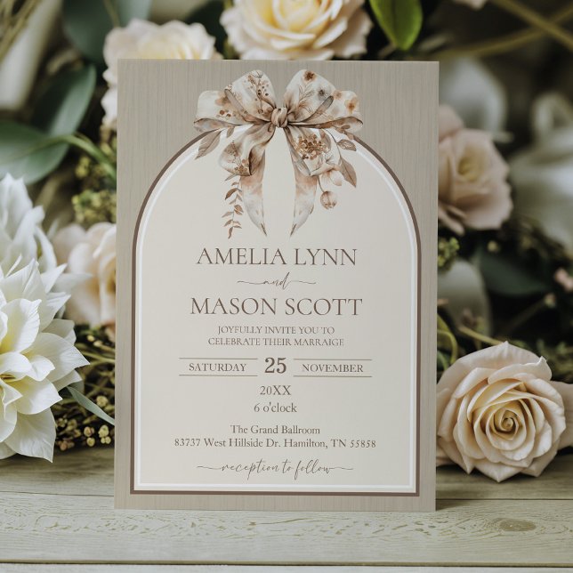Boho Watercolor Bow Bröllop Inbjudningar (Autumn Bow Bohemian Wedding Invitation)