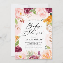 Boho Watercolor  Burgundy Blommigt Baby Shower Inbjudningar