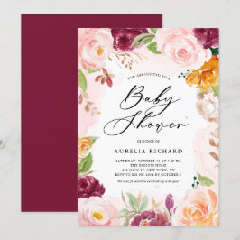 Boho Watercolor Burgundy Blommigt Baby Shower Inbjudningar