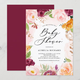 Boho Watercolor Burgundy Blommigt Baby Shower Inbjudningar