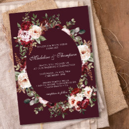 Boho Watercolor Burgundy Red Blommigt Ram Bröllop Inbjudningar