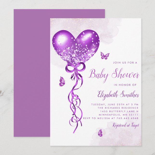 Boho Watercolor Butterfly Balloon Girl Baby Shower Inbjudningar (Fram/baksida)