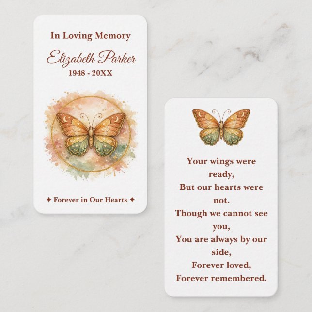 Boho Watercolor Butterfly Memorial Prayer Card Anteckningskort (Fram/baksida)