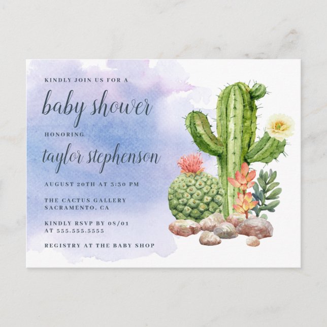 Boho Watercolor Cactus Baby Shower Inbjudan Vykort (Framsida)
