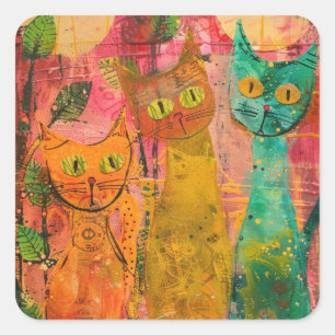 Boho Watercolor Cats - Earthy Kattdjur Art. 2 Fyrkantigt Klistermärke