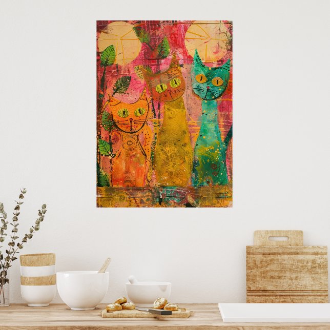 Boho Watercolor Cats - Earthy Kattdjur Art. 2 Poster (Kök)