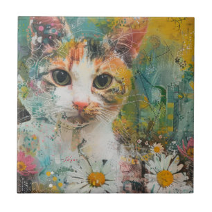 Boho Watercolor Cats - Earthy Kattdjur Art (3) Kakelplatta