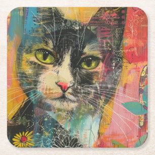 Boho Watercolor Cats - Earthy Kattdjur Art (6) Underlägg Papper Kvadrat