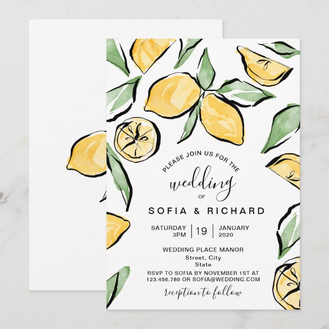 Boho Watercolor Citron Citrusskuddar Sommar Inbjudningar (Fram/baksida)