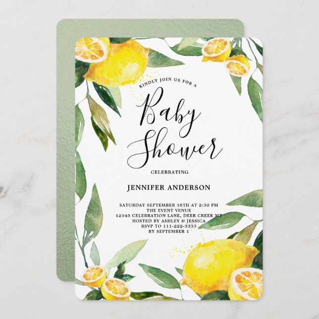 Boho Watercolor Citron Krans Baby Shower Inbjudningar (Fram/baksida)