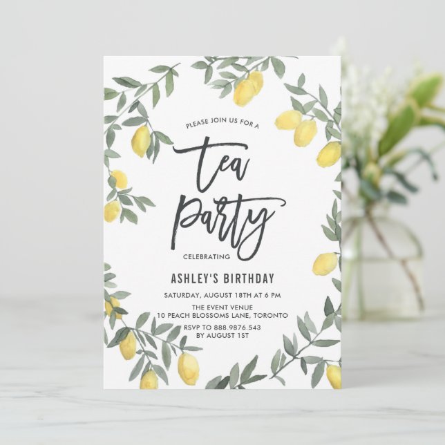 Boho Watercolor Citron Krans Tea Party Inbjudan (Stående Fram)