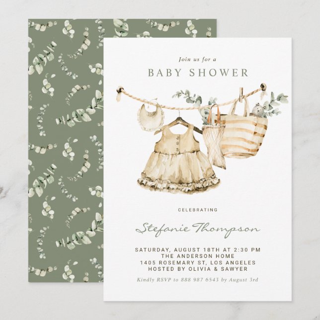 Boho Watercolor Clothesline Baby Shower Inbjudningar (Fram/baksida)