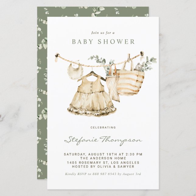 Boho Watercolor Clothesline Girl Baby Shower (Fram/baksida)