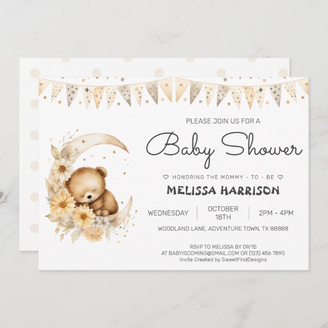 Boho Watercolor Cute Bear Pojke Shower Inbjudningar (Fram/baksida)