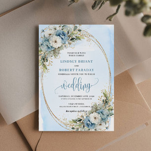 Boho Watercolor Damblå Blommig Guld Bröllop Inbjudningar