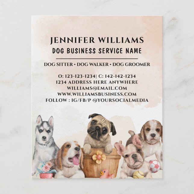 Boho Watercolor Dog Walker Pet Sitta Business Flygblad (Framsidan)