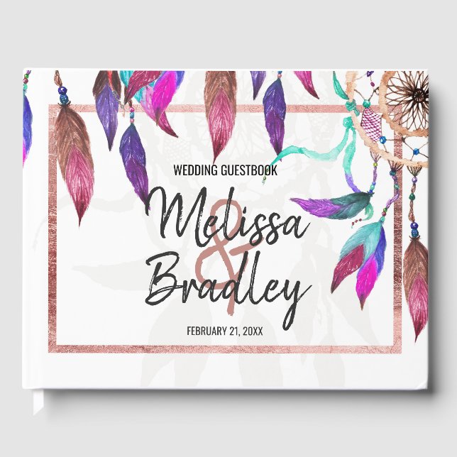 Boho Watercolor Dreamcatcher Ro Guld Guestbook Gästböcker (Framsida)