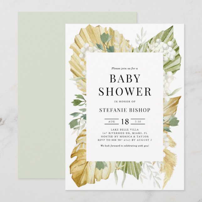 Boho Watercolor Dried Handflatan Löv Baby Shower Inbjudningar (Fram/baksida)