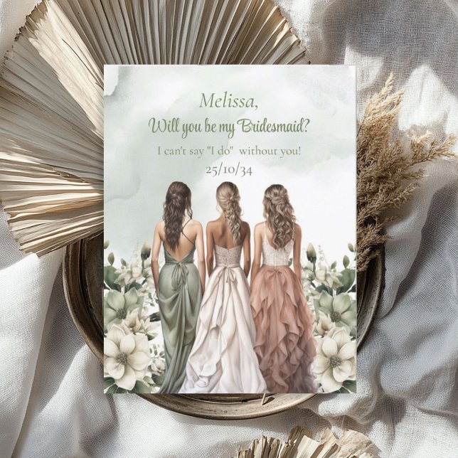 Boho Watercolor dusty grönt vit ros Bridesmaid Inbjudningar (Boho Watercolor dusty green white roses Bridesmaid Invitation)