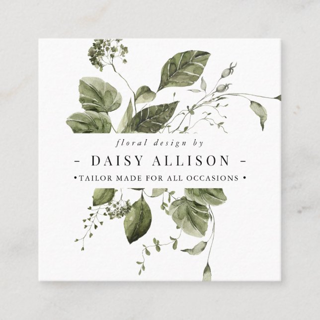 Boho Watercolor Elegant Greenery Fyrkantigt Visitkort (Framsida)