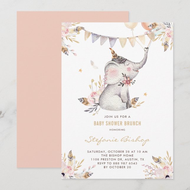 Boho Watercolor Elephant Blommigt Baby Shower Brun Inbjudningar (Fram/baksida)