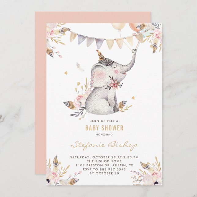 Boho Watercolor Elephant Blommigt Baby Shower Inbjudningar (Fram/baksida)