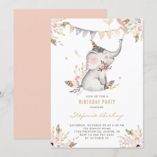 Boho Watercolor Elephant Blommigt Barns födelsedag Inbjudningar