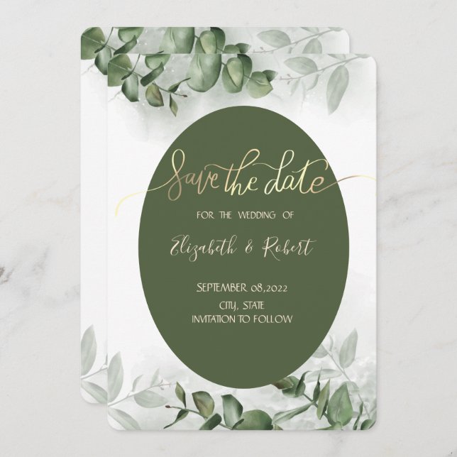 Boho Watercolor Eucalyptus Greenery Save Date Spara Datumet (Fram/baksida)