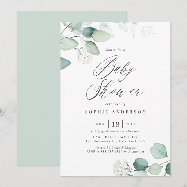 Boho Watercolor Eucalyptus Löv Baby Shower Inbjudningar (Fram/baksida)