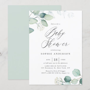 Boho Watercolor Eucalyptus Löv Baby Shower Inbjudningar