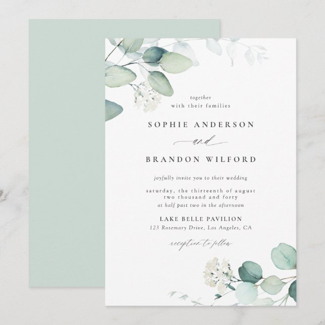 Boho Watercolor Eucalyptus Löv Greenery Bröllop Inbjudningar (Fram/baksida)