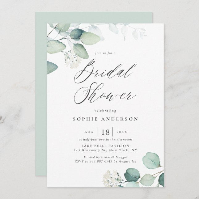 Boho Watercolor Eucalyptus Löv Möhippa in Inbjudningar (Fram/baksida)